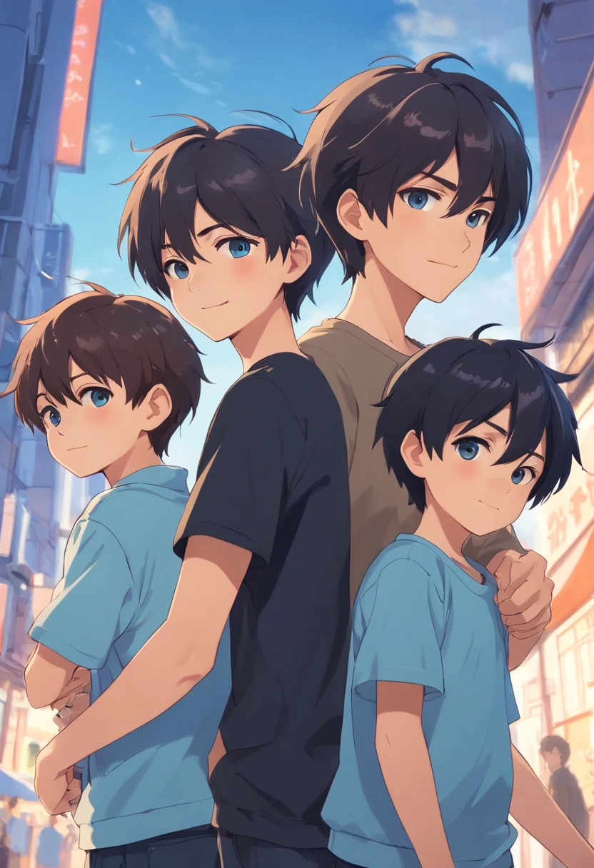 3 boys, all wearing black t-shirts, handsome faces, firsting at the camera (above), smiling, black Levis pants, hands carrying light blue sweaters, second child, short haioking at the camera (above) , smiling, hands behind his back, third child looking at the a (upward), slightly slanted eyes, smiling, thick eyebrows, slightly shorter than the previous two children, they took a photo together, and were close to each other