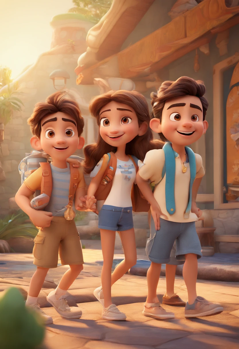 Cartoon of friends having fun on vacation together, 3D Animation Movie Poster, Poster de filme animado, pixar 3 d animation style, pixar renderman rendering, maia 8 mil, animated film, Disney Pixar Estilo 3D, amigos felizes saem juntos, all wearing light blue shirts and cream brown long pants, camisa azul clara, cream brown pants, ao ar livre, vacation, Disney Pixar Animation Poster