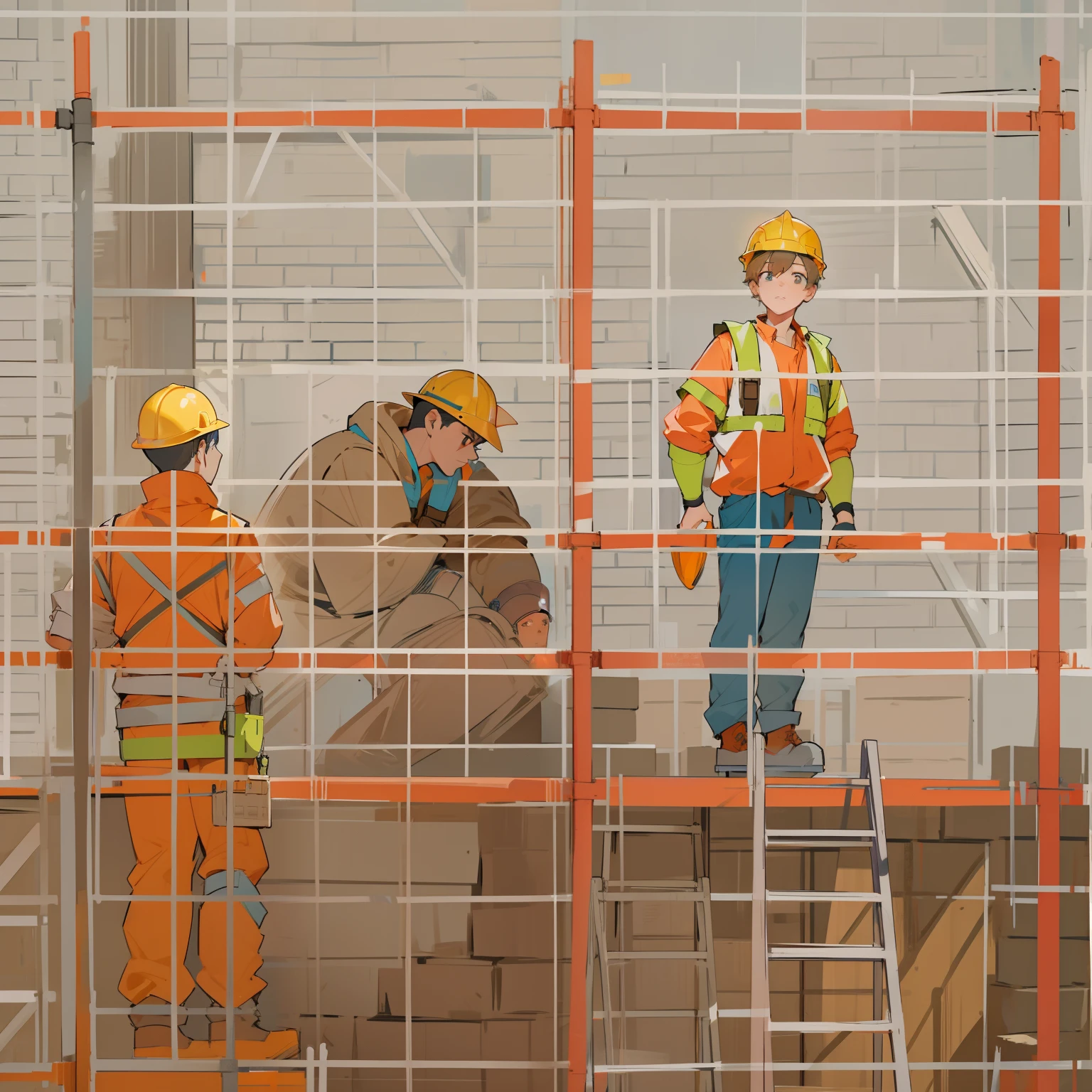 Building site,Man laying bricks on scaffolding without helmet,Another man in a red helmet and reflective vest approached, to reprimand a man。Illustration Style。