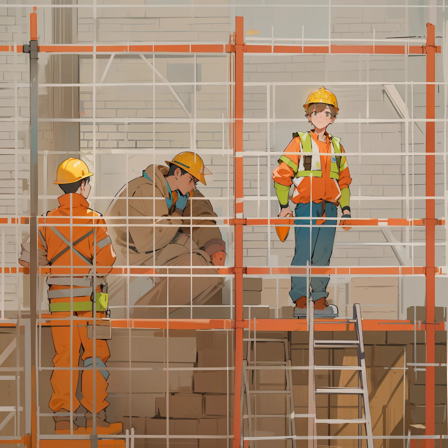 Building site,Man laying bricks on scaffolding without helmet,Another man in a red helmet and reflective vest approached, to reprimand a man。Illustration Style。