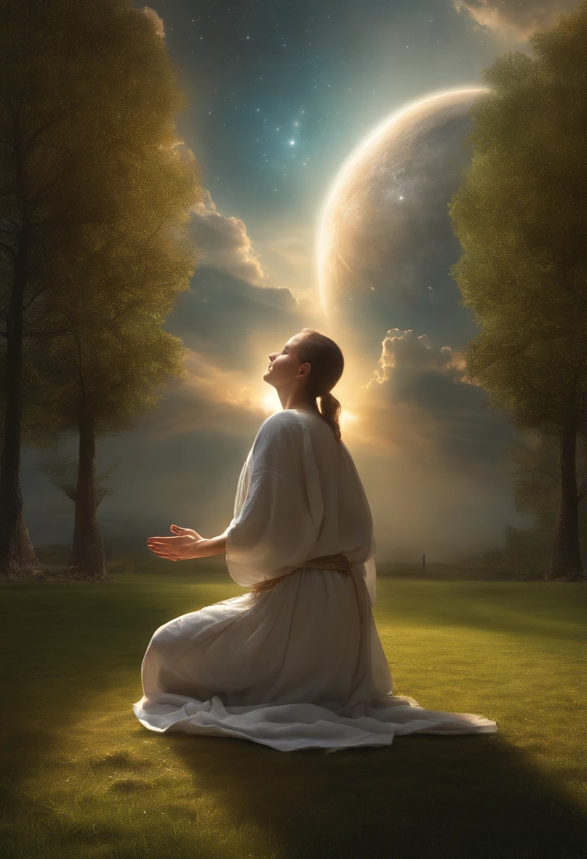 (a person praying, kneeling and in tune with God on the grass, praying for victory, with the sky full of galaxies, image in 4k and Ultra-realistic),(best quality,4k,8k,highres,masterpiece:1.2),ultra-detailed,(realistic,photorealistic,photo-realistic:1.37),HDR,UHD,studio lighting,physically-based rendering,extreme detail description,professional,vivid colors,bokeh,medium:oil painting,faithful and serene expression,ancient and majestic sky,gentle sunlight casting soft shadows on the grass and the person,glowing divine light illuminating the person's face,holy atmosphere permeating the scene,heavenly figures subtly hovering in the background,grass blades rendered in meticulous detail,whispering winds carrying prayers,soft pastel color palette,sublime and peaceful atmosphere,awe-inspiring galaxies filling the sky.