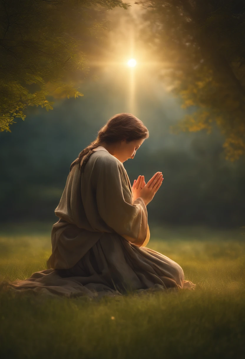 (a person praying, kneeling and in tune with God on the grass, praying for victory, with the sky full of galaxies, image in 4k and Ultra-realistic),(best quality,4k,8k,highres,masterpiece:1.2),ultra-detailed,(realistic,photorealistic,photo-realistic:1.37),HDR,UHD,studio lighting,physically-based rendering,extreme detail description,professional,vivid colors,bokeh,medium:oil painting,faithful and serene expression,ancient and majestic sky,gentle sunlight casting soft shadows on the grass and the person,glowing divine light illuminating the person's face,holy atmosphere permeating the scene,heavenly figures subtly hovering in the background,grass blades rendered in meticulous detail,whispering winds carrying prayers,soft pastel color palette,sublime and peaceful atmosphere,awe-inspiring galaxies filling the sky.