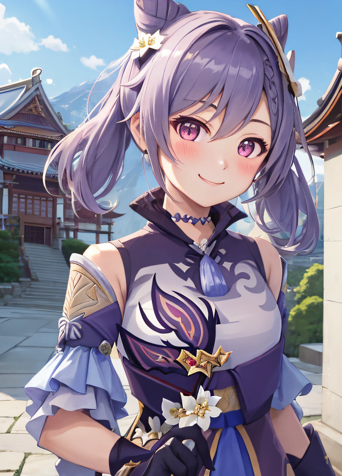 keqingdef, upper body, smile, blush, outdoors, day, simple background, blue sky , sky, temple, looking at viewer, stairs, mountain, moody lighting, facing viewer,