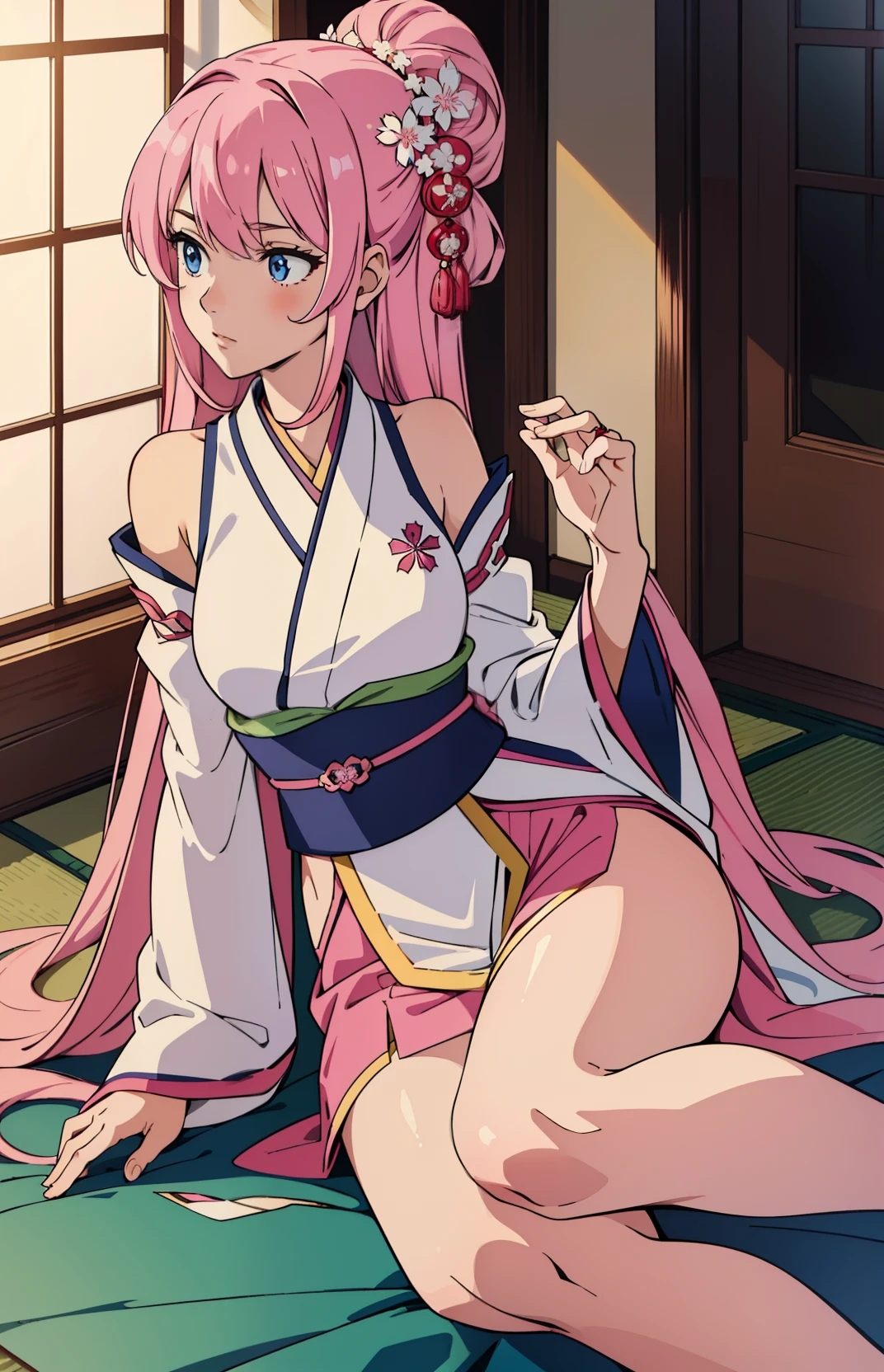 masterpiece, best quality, finely detailed, high resolution, extremely delicate and beautiful, stunning, 1girl, solo, long hair, pink hair, very long hair, blue eyes, hair ornament, japanese clothes, detached sleeves