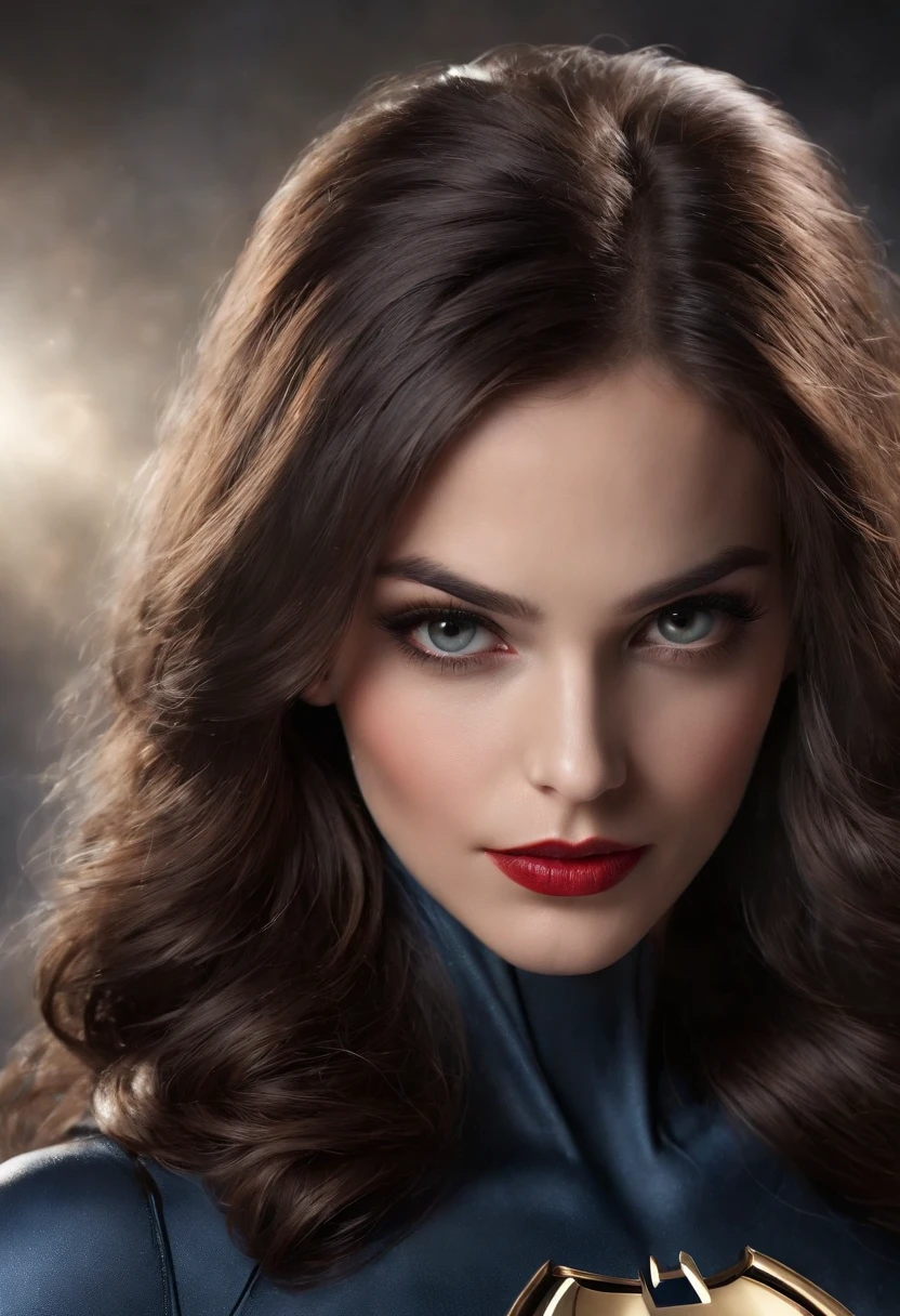 (best quality,4k,8k,Altas,master part:1.2), ultra-detalhado, (Realistic,fotorrealista,photo-realistic:1.37), (belos olhos detalhados, beautiful detailed lips, olhos e rosto extremamente detalhados, long eyelashes), studio lighting,Physically-based rendering,vivid colors, (cabelo preto longo liso com mechas brancas, seios grandes), (superhero outfit:1.5),