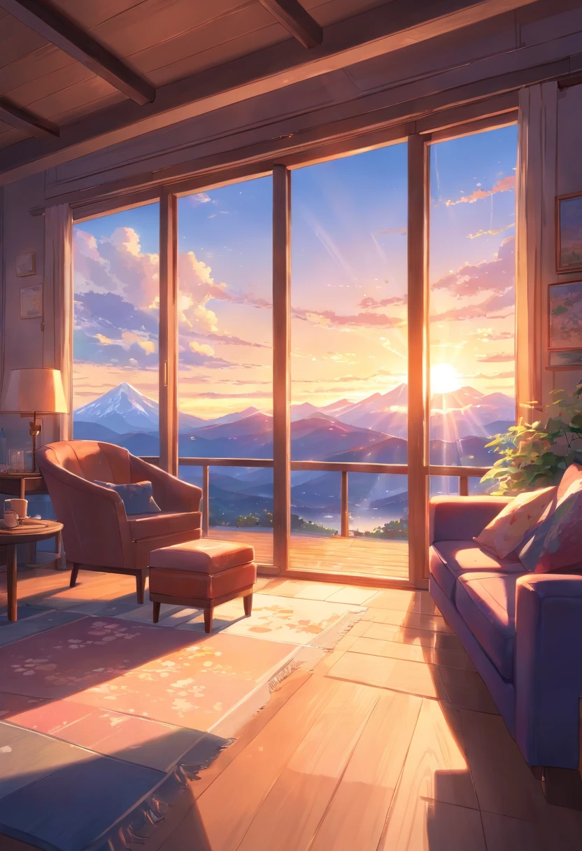 masterpiece, best quality, movie still, The boy sat on the couch, sipping his coffee, and gazing out of the large windows of the cabin. The view outside was breathtaking - the majestic mountains, the serene cherry blossoms, and the cascading waterfall. The cozy fireplace crackled in the background, casting a warm glow on the room. As he watched, the sun began to set, painting the sky with a beautiful array of colors. The light rays shone through the windows, illuminating the cabin with a warm and inviting glow.