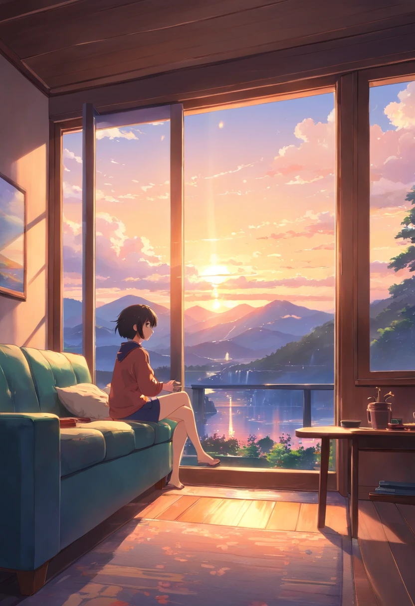 masterpiece, best quality, movie still, The boy sat on the couch, sipping his coffee, and gazing out of the large windows of the cabin. The view outside was breathtaking - the majestic mountains, the serene cherry blossoms, and the cascading waterfall. The cozy fireplace crackled in the background, casting a warm glow on the room. As he watched, the sun began to set, painting the sky with a beautiful array of colors. The light rays shone through the windows, illuminating the cabin with a warm and inviting glow.