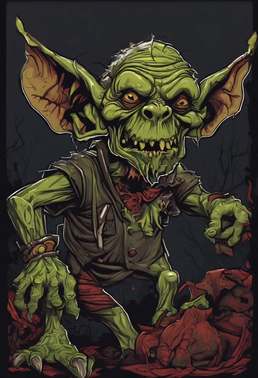 /imagine prompt: zombie goblin illustration for a sticker with a black background, in bold outline style, jagged edges, trashcore, light shading --v 5.2