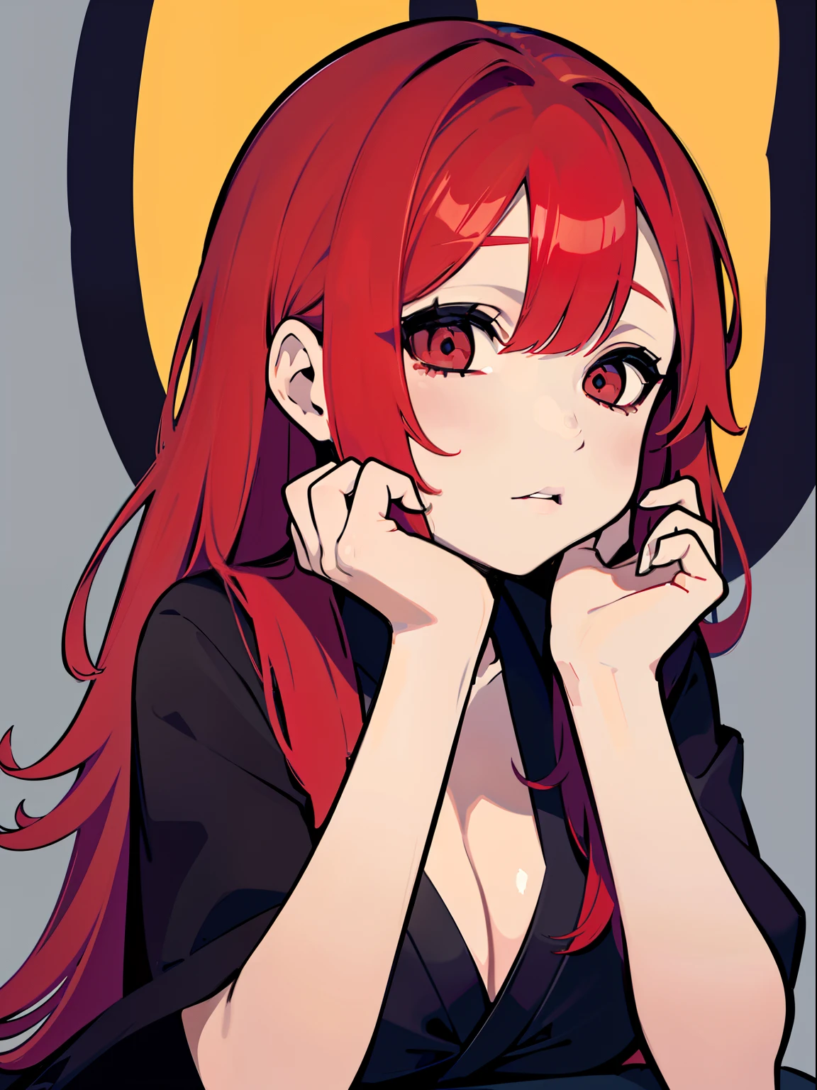Extremely delicate and beautiful, Amazing, finedetail, Masterpiece, Ultra-detailed, High quality, 1female, red tinted hair,front-facing view,(closing her eyes),Gentle woman,black toga,Hands on your chest,Half-body diagram