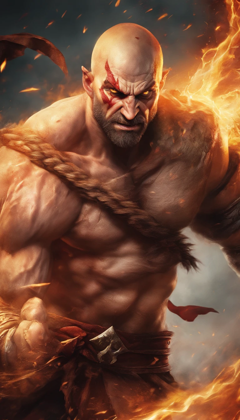 a muscular kratos, shirtless kratos, intense expression, mid-air punch, powerful punch, kratos' fury, veins bulging, fierce battle, explosive impact, shattered debris, intense motion blur, dynamic composition, intense lighting, dramatic shadows, epic clash, superhero showdown, intense rivalry, destructive force, adrenaline rush, energy surges, superhuman strength, explosive power, rage-filled battle, epic scale, intense action, battle scars, dramatic aftermath, intense atmosphere, high-octane battle, superhero clash, thunderous impact, power struggle, vicious fight, epic confrontation, superhuman abilities, intense energy, battle in the skies, mythical warriors, ultimate showdown, epic battle to the finish