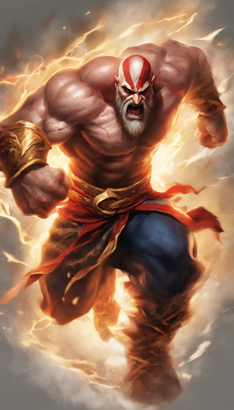 a muscular kratos, shirtless kratos, intense expression, mid-air punch, powerful punch, kratos' fury, veins bulging, fierce battle, explosive impact, shattered debris, intense motion blur, dynamic composition, intense lighting, dramatic shadows, epic clash, superhero showdown, intense rivalry, destructive force, adrenaline rush, energy surges, superhuman strength, explosive power, rage-filled battle, epic scale, intense action, battle scars, dramatic aftermath, intense atmosphere, high-octane battle, superhero clash, thunderous impact, power struggle, vicious fight, epic confrontation, superhuman abilities, intense energy, battle in the skies, mythical warriors, ultimate showdown, epic battle to the finish