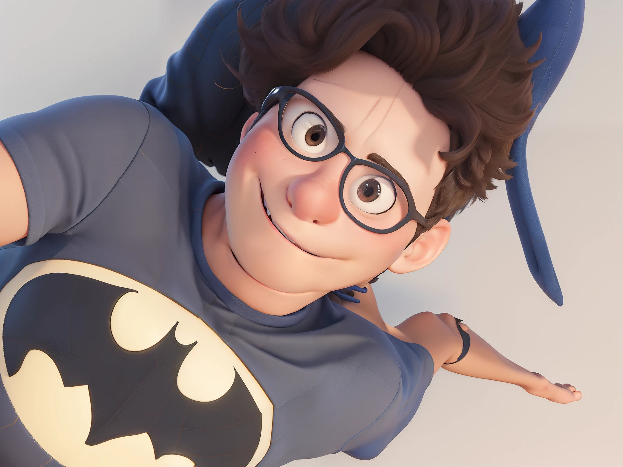 Imagine a 3D version of Disney Pixar style wearing the classic Spider-Man costume without the mask stinging webbing in the air