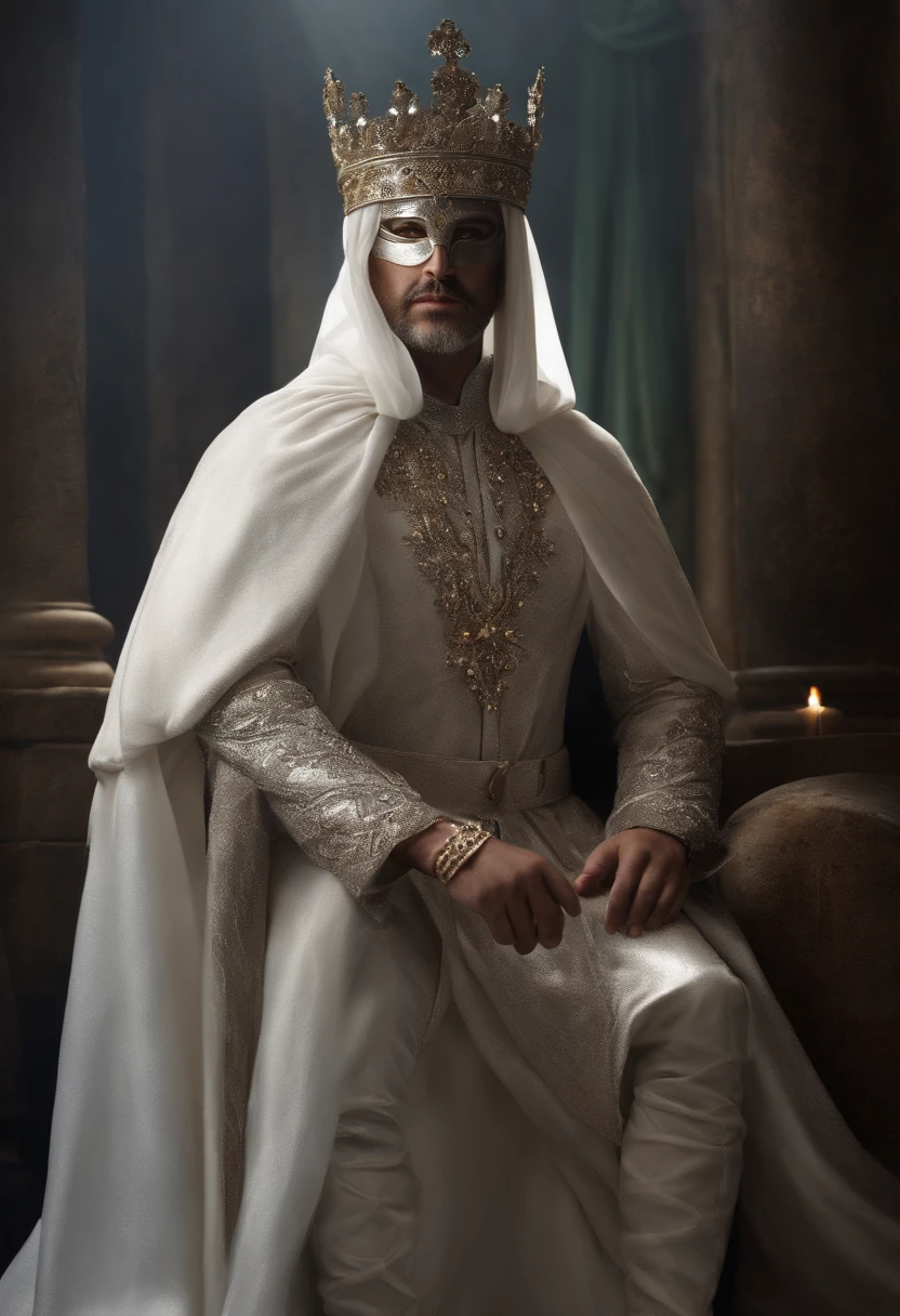 Create a male king with a silver mask and a white veil