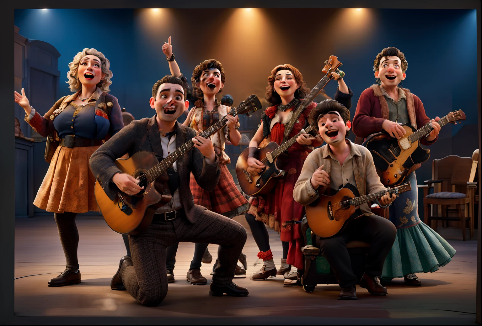 Grupo de musicos, estilo comedia dell' art, tocando num teatro