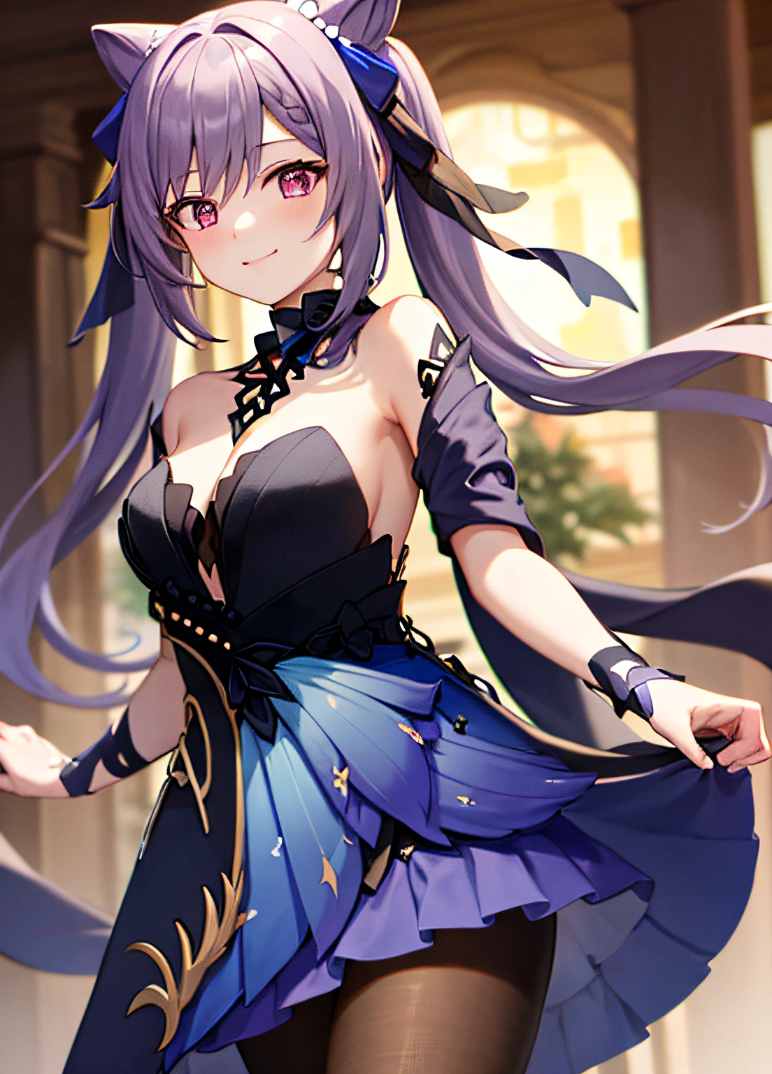masterpiece, best quality, hyper-detailed, 8k resolution, RAW photo, gorgeous face, perfect body, 18yo, Neck turtle, happy, purple hair, smile, night, kissed face, stars on the sky, wearing opulent splendor, near to camera, staring to camera