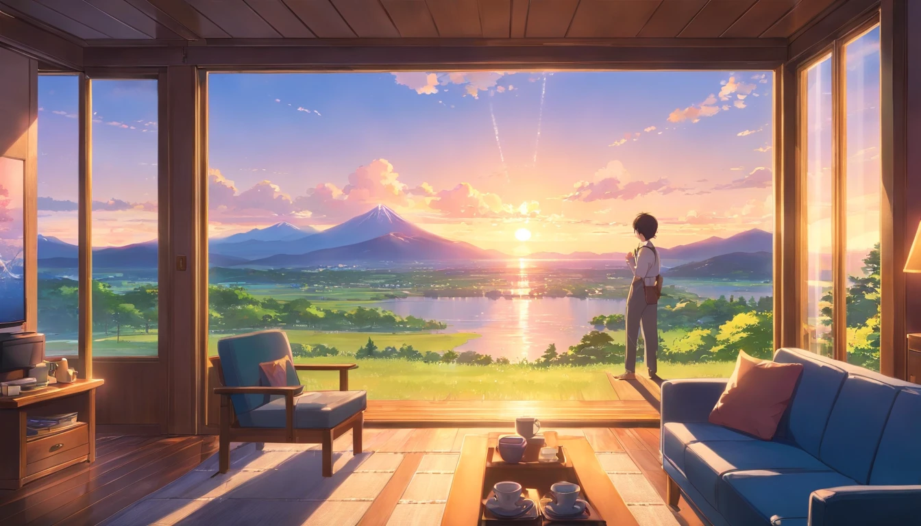 masterpiece, best quality, movie still, The boy sat on the couch, sipping his coffee, and gazing out of the large windows of the cabin. The view outside was breathtaking - the majestic mountains, the serene cherry blossoms, and the cascading waterfall. The cozy fireplace crackled in the background, casting a warm glow on the room. As he watched, the sun began to set, painting the sky with a beautiful array of colors. The light rays shone through the windows, illuminating the cabin with a warm and inviting glow.