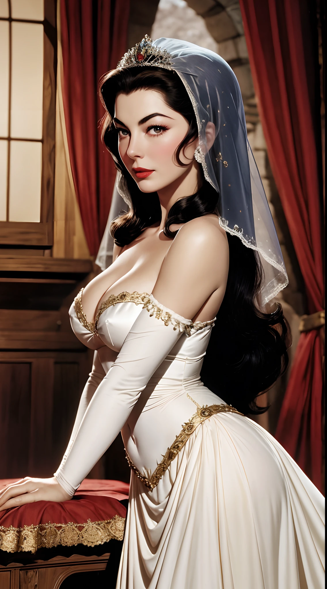 Ava Gardner como Branca de Neve, classic costume, medieval palace, look-at-camera, facial expression of tenderness, Curvilinear athletic body, neve, montanhas.