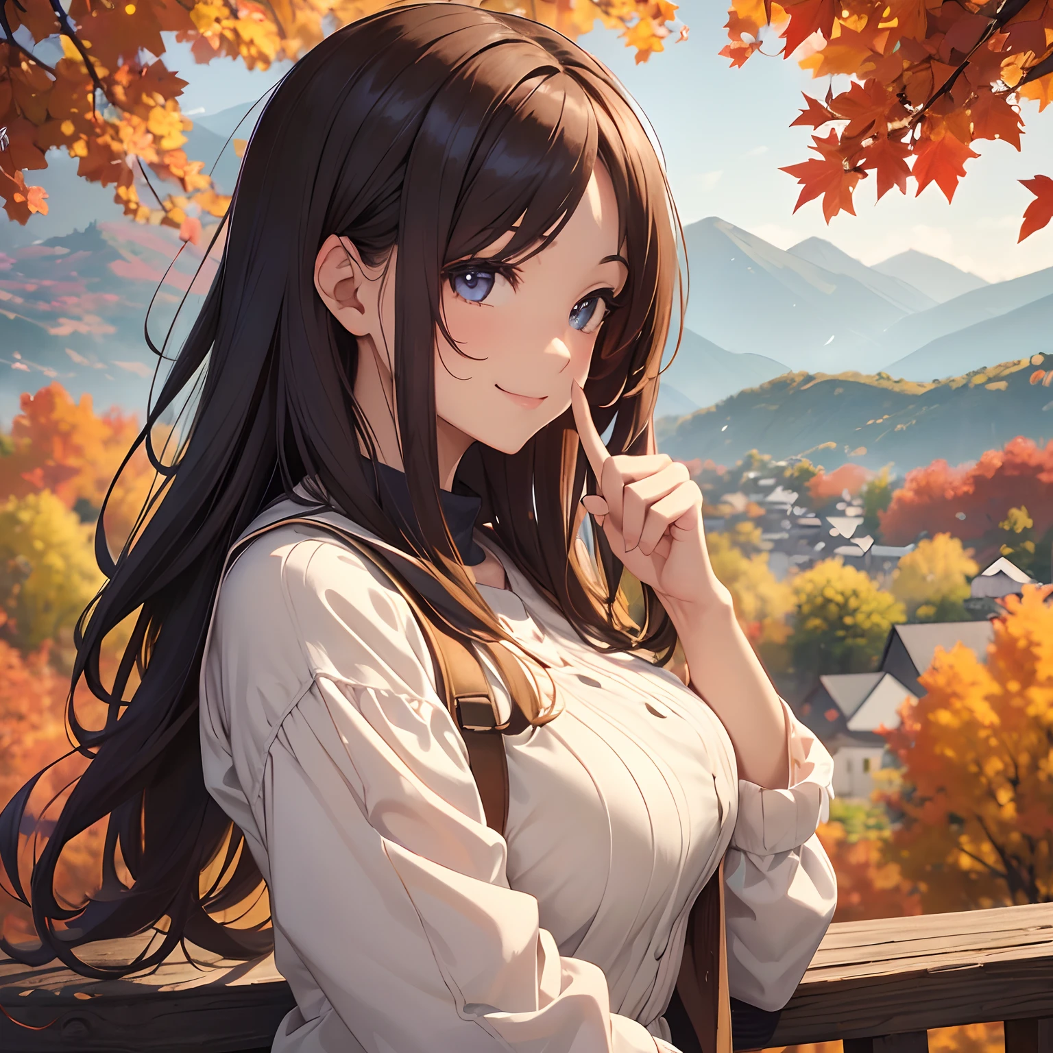 girl with, Autumn foliage tourism, Smile, breast hold, Wearing autumn clothes, (very detailed beautiful face and eyes, (Perfect Anatomy), (Perfect Finger:1.4)), BREAK, ((masutepiece), (Best Quality, of the highest quality), 8K, ROW Photo, Extremely detailed, absurderes, (Beautiful and aesthetic:1.2), Professional illustration), Autumn landscape background, At the famous place of autumn foliage in the mountains, pastel color, from side