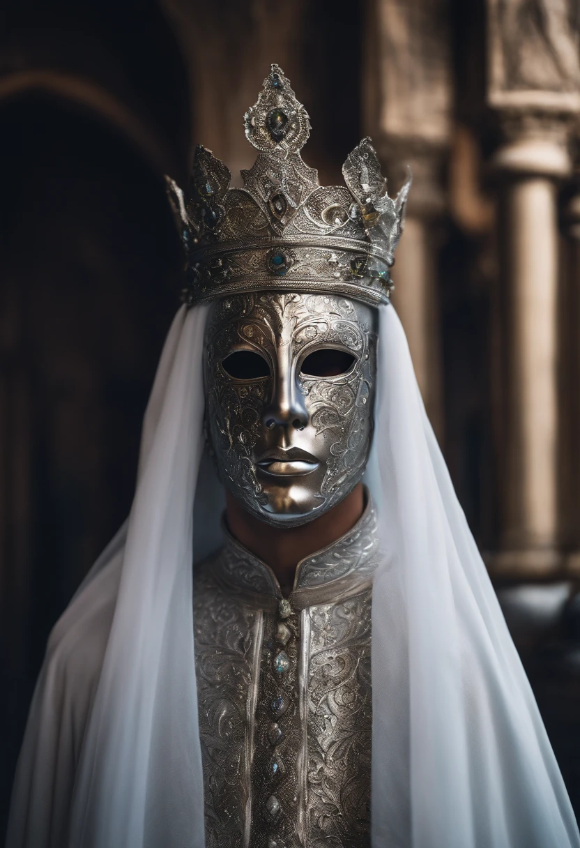 Create a king with a silver mask covering his entire face and with a white veil