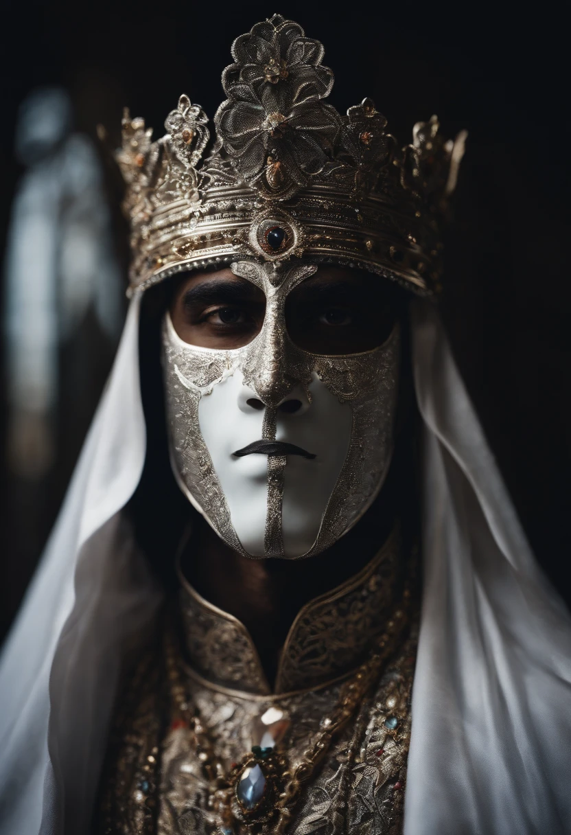 Create a king with a silver mask covering his entire face and with a white veil