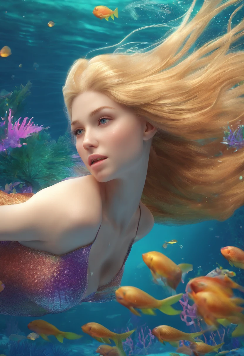 a mermaid swiming underwater. digital illustration, beautiful long blonde hair and angelic face, 16k, ultra high-quality render,