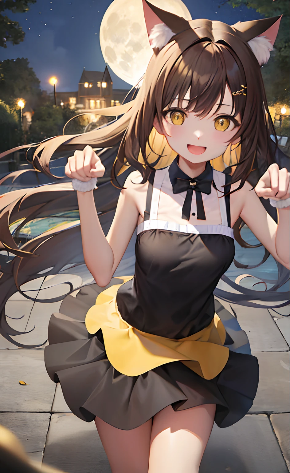 close up, learning forward, looking up, from above, paw pose, cat costume, black clothes, a girl, 20 years old, medium hair, medium breast, light brown hair, hair flowing with the wind, smile, happy, large yellow eyes, miniskirt, full moon, night, outdoor, absurdres, masterpiece,extremely detailed, wallpaper 8k CG