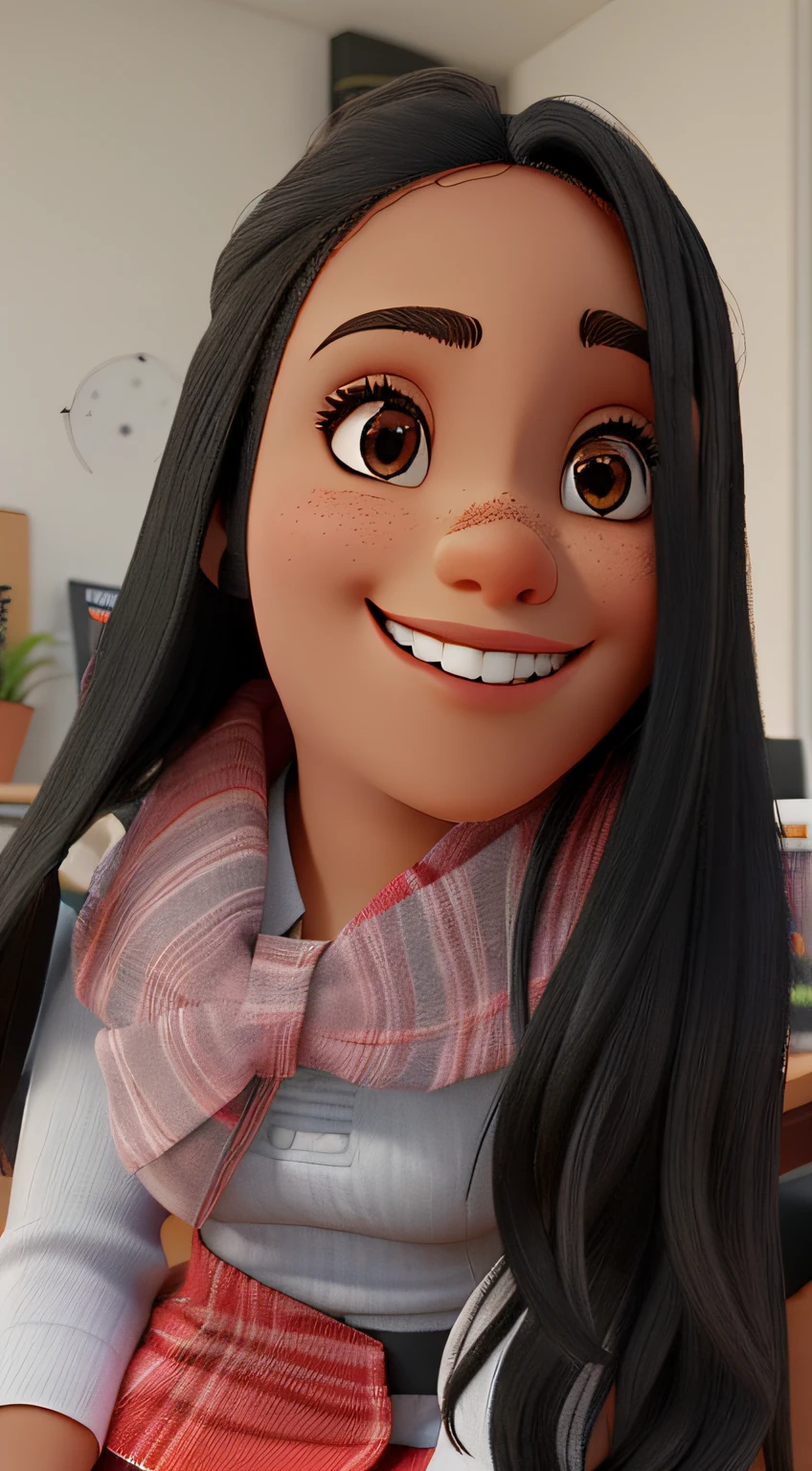 A 21-year-old woman sitting in front of a desk. Ela tem cabelos pretos, longos e lisos. Olhos negros. A smiling expression. Ela tem pele morena. Usando roupas sociais.