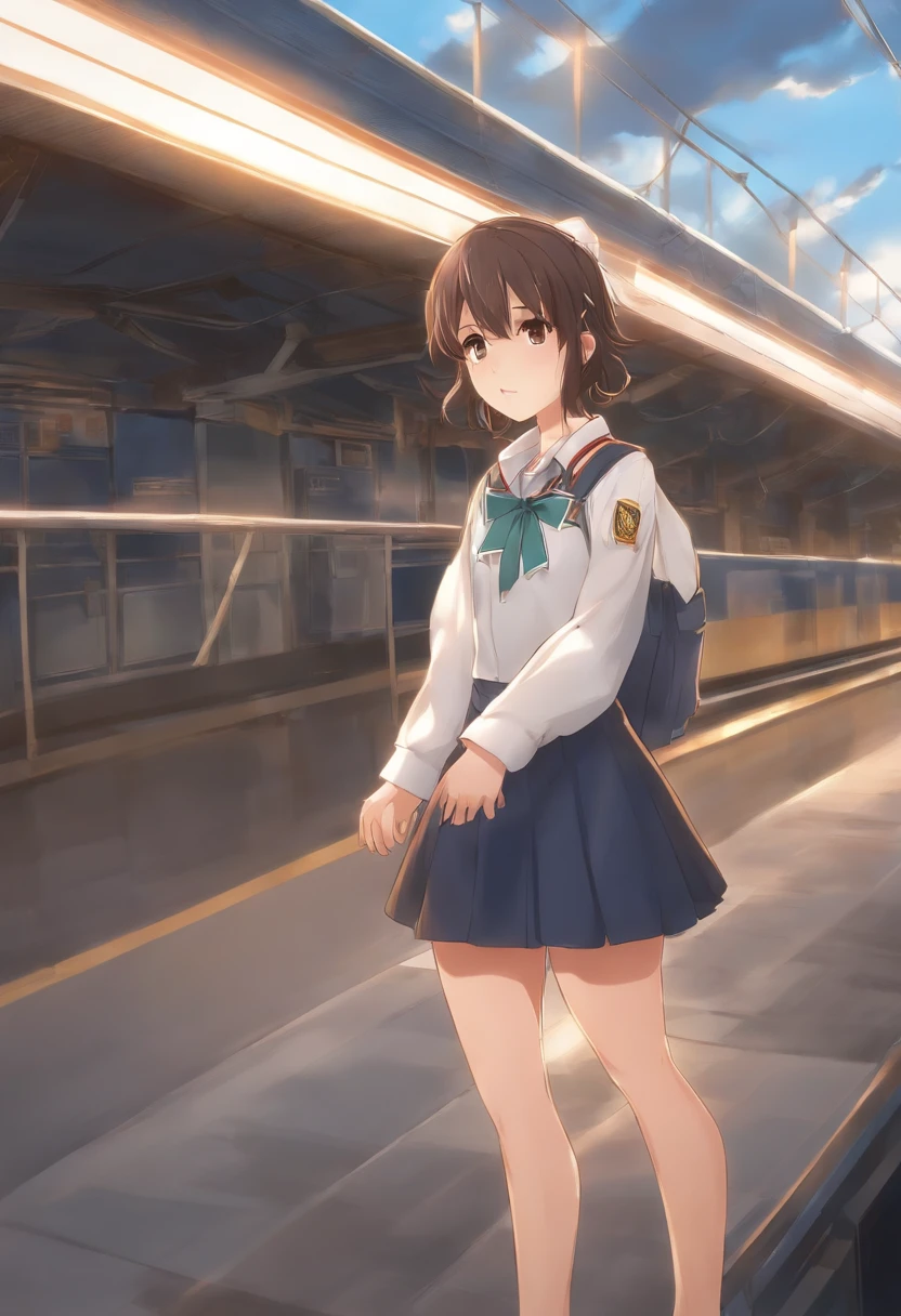 Menina anime com cabelo longo andando em uma plataforma de trem, kantai collection style, Metralhadora, Konpeki no Kantai, Kantai Collection Arcade, Kancolle, Estilo Makoto Shinkai, visual anime de uma menina bonito, Makoto Shinkai Estilo de Arte, menina bonita do anime high school, estilo anime 4K, arte oficial, Makoto Shinkai