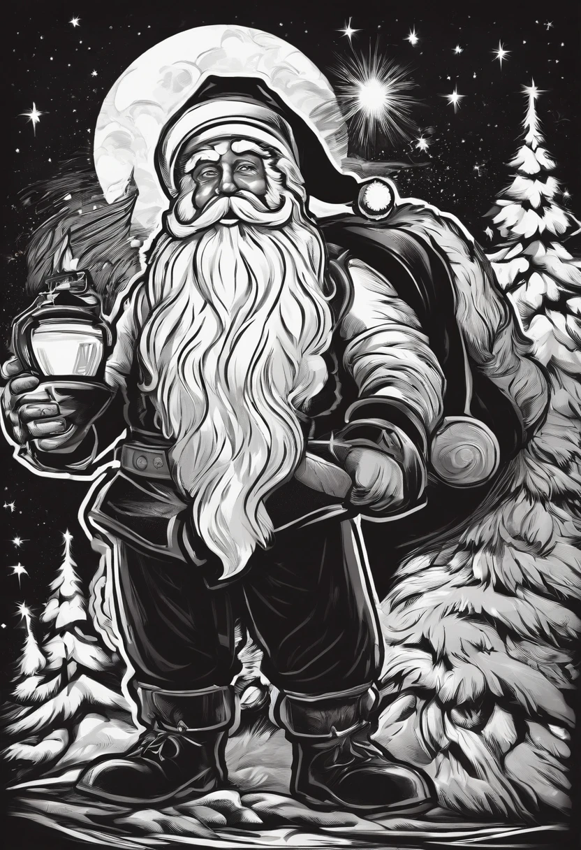/imagine prompt: Santa Claus illustration for a sticker with a black background, in bold outline style, jagged edges, trashcore, light shading --v 5.2