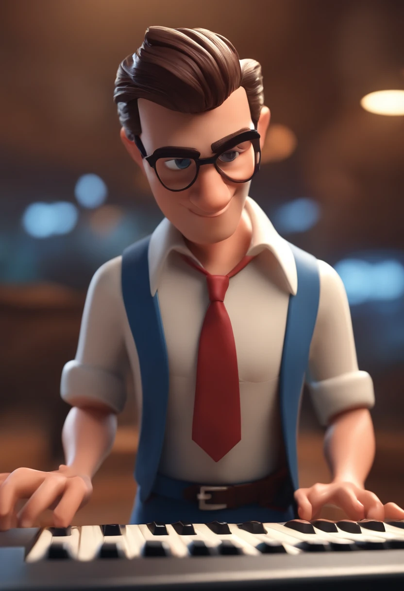 personagem dos desenhos animados de um homem com moreno barba curta e uma camisa azul, Playing Keyboard and SingingAnimation Character, Caractere estilizado, animation style rendering, 3D estilizado, Arnold Maya render, 3 d render stylized, toon render keyshot, Personagem 3D, Personagem 3D, 3d rendering stylized, 3 d character render, personagem de desenho animado, Personagem de close up, Pose de personagem, (Estilo Pixar) (master part:1.2) (Bokeh) (best quality) (pele detalhada) (textura detalhada) (8k) (argila) (Cinematic lighting) (foco nítido