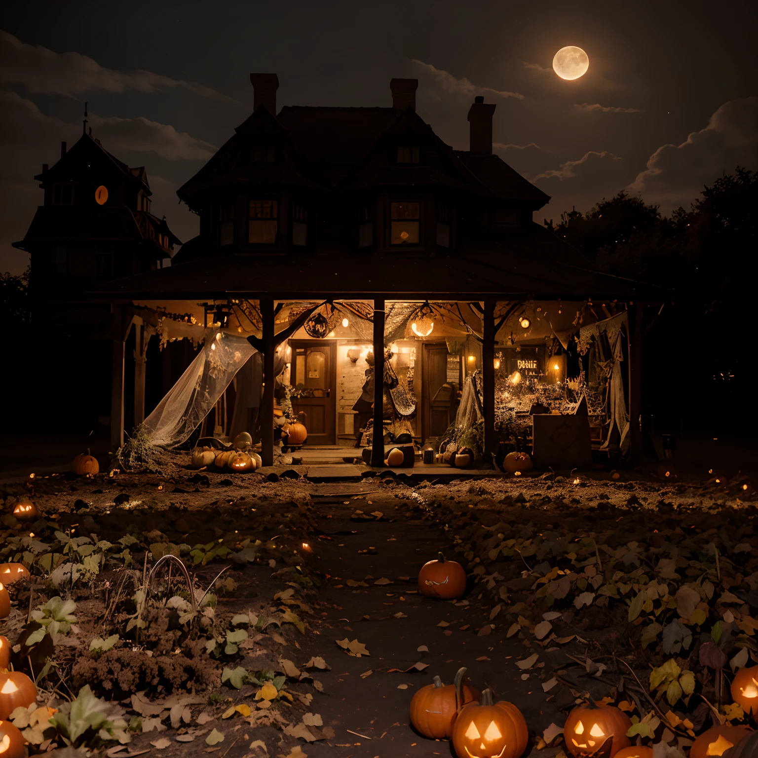 a logo name is zoom, a logo is up from the soil, a front is a street is in the middle, fire and pumpkins are beside  the street, a moon is a scary pumpkin, the witch is flying and a big witch house, unreal engine5, realistic photo, perfect lighting, dark theme, game theme, halloween design, detail