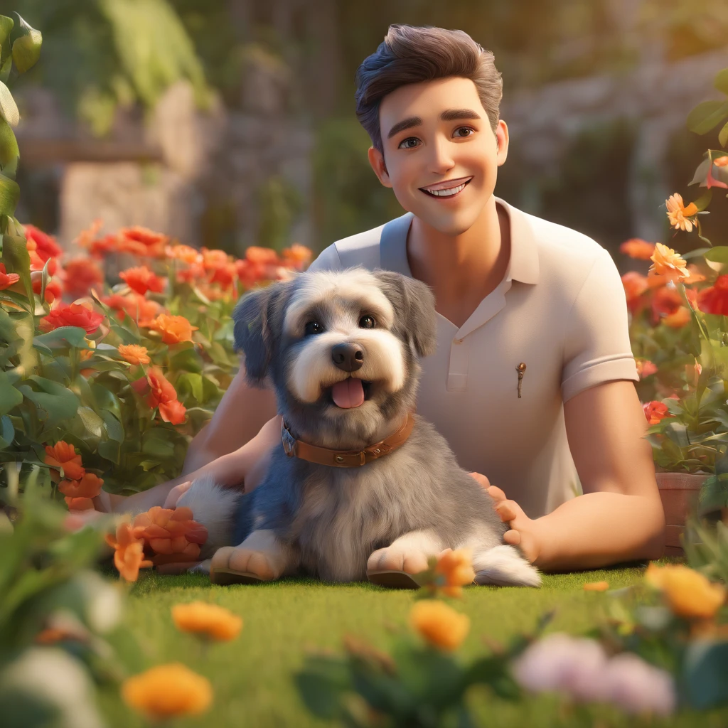 (best quality,highres),1boy,smiling,beautiful detailed eyes,beautiful detailed lips,extremely detailed eyes and face,longeyelashes,[schnauzer]dog,lying[Bolt],garden,greenery,floral,peaceful,soothing,serene,comfortable,happy,human-animal bond,relaxing ambient light,soft warm sunlight,vibrant colors,realistic,portrait,joyful,harmonious composition