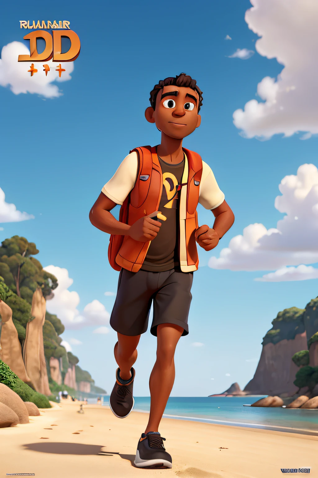 A Disney-pixar style 3D movie poster of a runner, 40 years old, man weighing about 100kg, balding black hair, with light brown skin, brown eyes, wearing a black t-shirt, with running shoes, with a hydration pack , running along the beach.