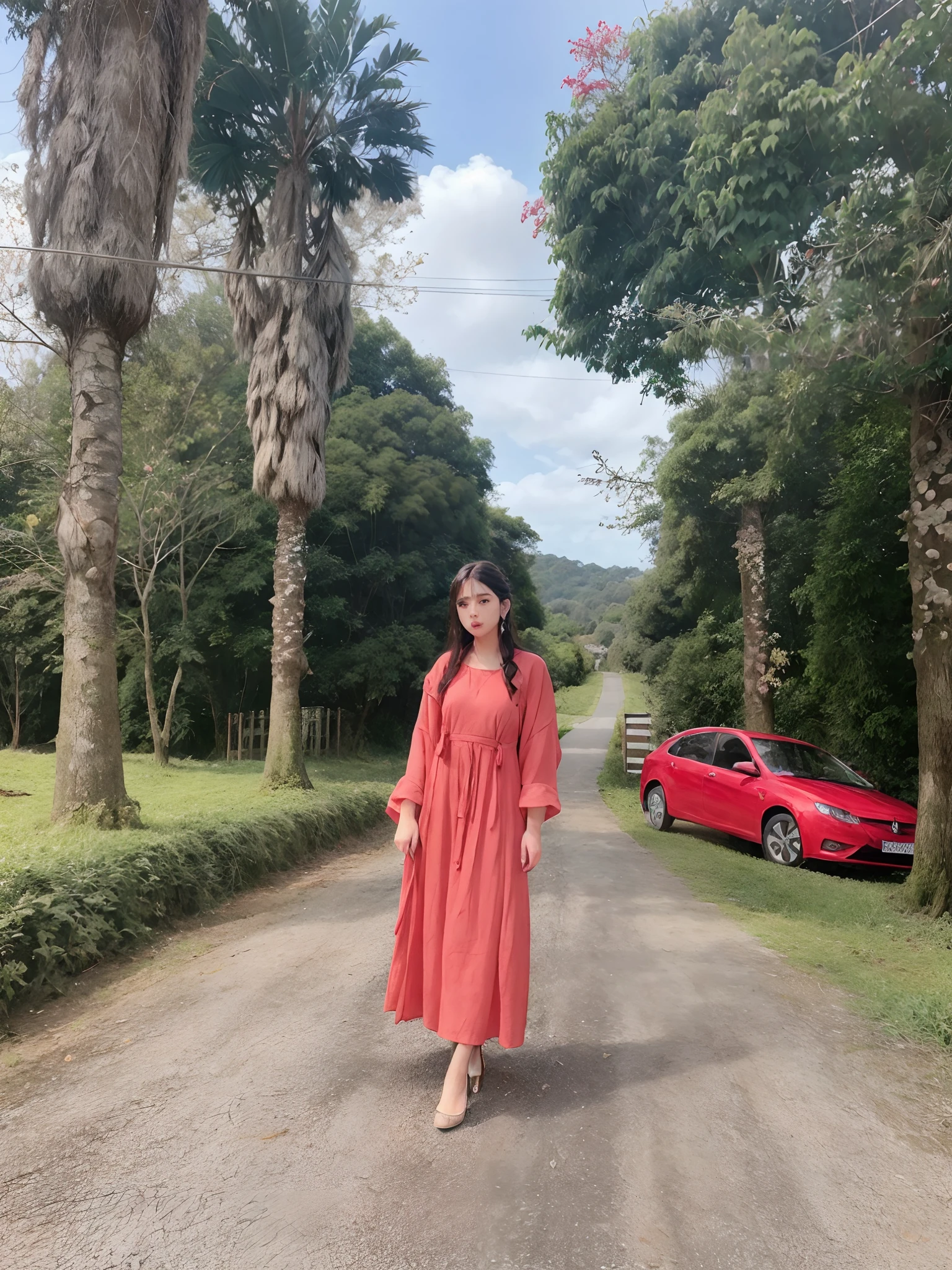 Araffe mulher em um vestido vermelho andando por uma estrada com um carro vermelho no fundo, standing in a botanical garden, with a tree in the background, do lado de fora de uma casa, com palmeiras nas costas, belos arredores, trees in the background, usando um vestido longo, Wearing a flowing dress, with a tall tree, standing bravely on the road