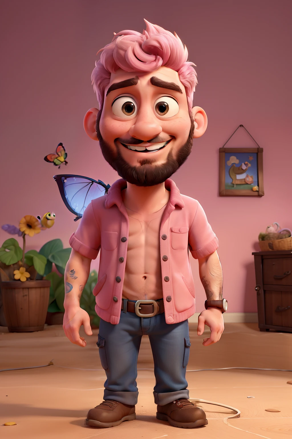 A Disney Pixar-inspired muvie puster with title
("Maicon"). gay man, with light pink pixie cut hair, beard and 30 years old the scene should be in the distinct digital art style of Pixar, with a focus on character expressions, vibrant colors, and detailed textures that are characteristic of th animations, with the title maicon