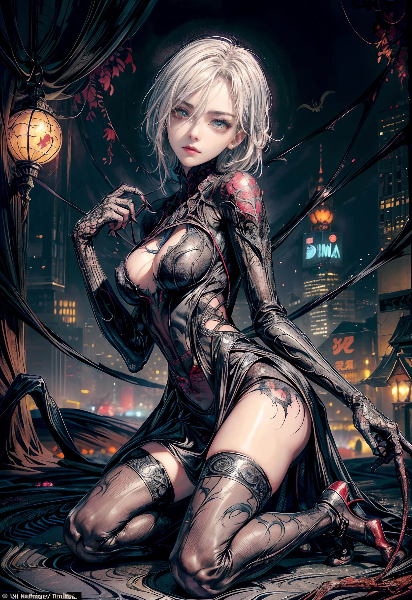 Cinematic lighting,super detailed skin、Beautiful detailed eyes、Best Quality,cyberpunked,(Alternative、dim colors, Soothing tones:1.3)(1beautiful woman、Detailed beautiful facial features:1.3)（Bewitching Black Spider Tight Suit:1.7）(well-shaped breasts、Spider tattoo on the chest、Girl Spider:1.2).(Looks Back、crouching down、Raise your hand up、Spider claws:1.2)Cobweb、Spider silk sticks to the body.（Dynamism:1.4）Shibuya Halloween Night、A flock of men in the back、natta。jpn、Shibuya Crossing、