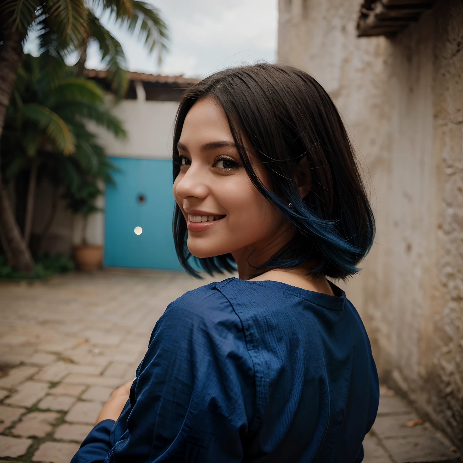 Mulher com cabelo curto azul, branca, com roupa preta, sorrindo