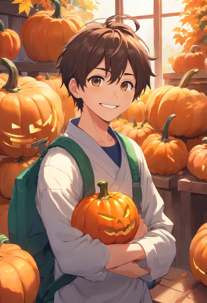 hombre con una cabeza de calabaza realista, presenta una sonrisa amigable y una paleta de colores vibrantes.