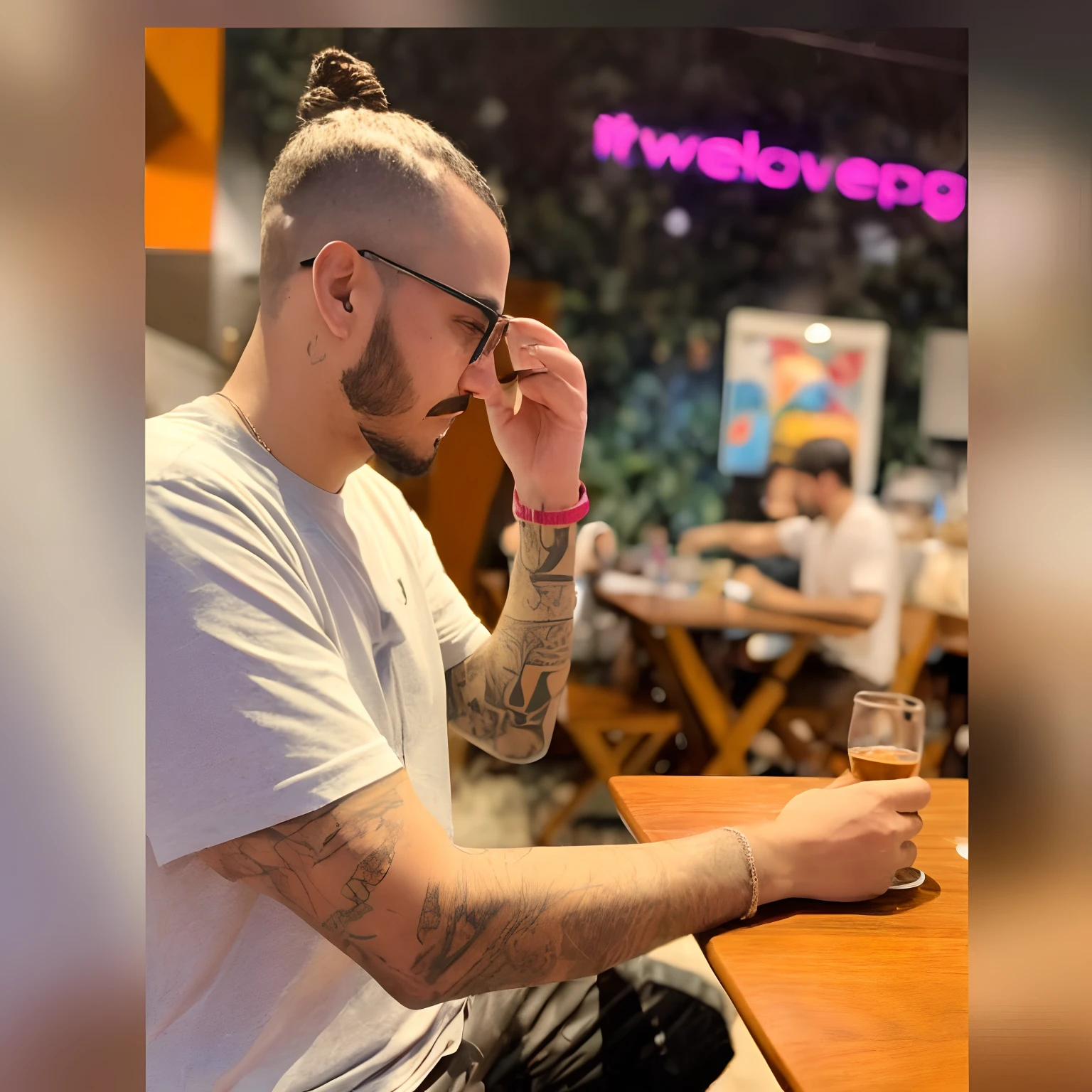 There's a man with a beard sitting at the table with a glass of beer, inspirado em Nathan Oliveira, instagram post, Streamer do Twitch / Jogador Ludwig, inspired by Antônio Parreiras, Cantor Maluma, ✏️🎨, foto de perfil, imagem de perfil, 8k 50mm iso 10, taken in the early 2020s
