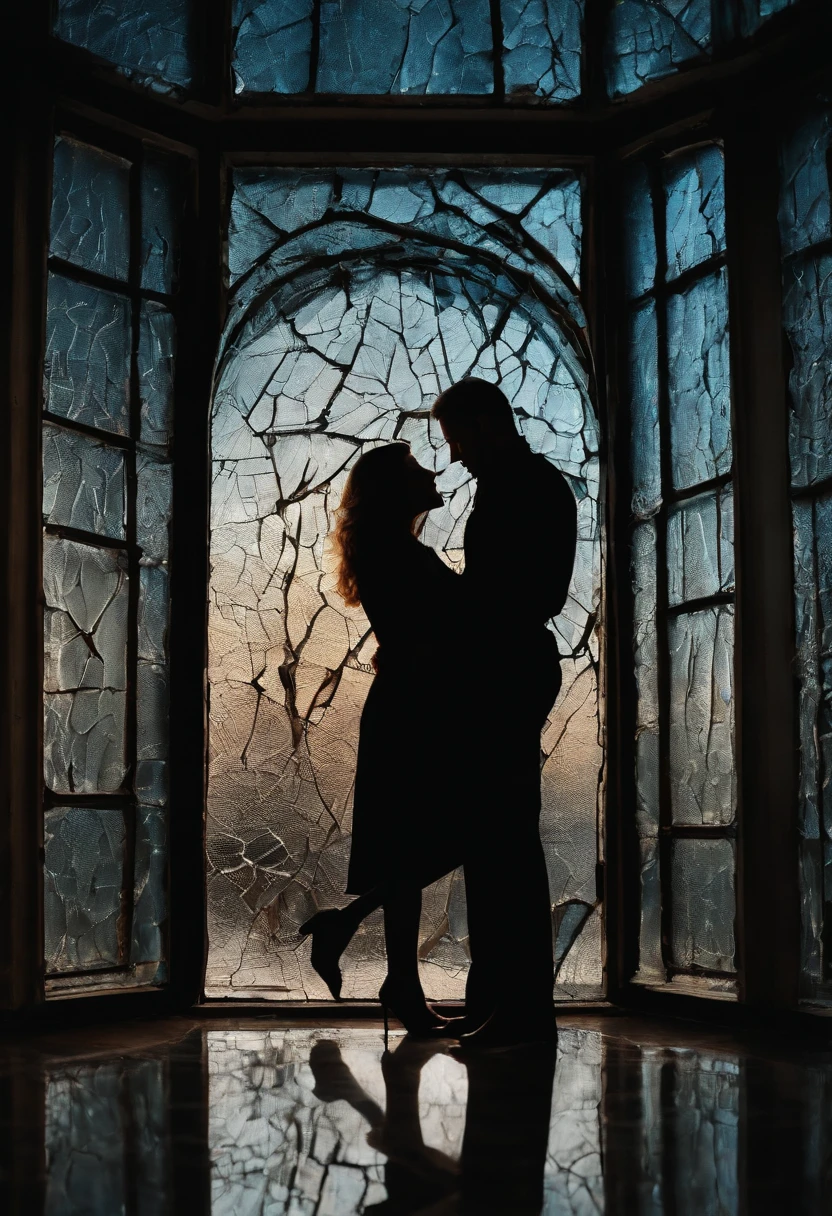 Lovers, Man and woman behind broken glass, Reflection of a Woman, Broken glass, Hugs through the mirror, Large cracks, touching the palms of the hands through the glass, Shard Magic