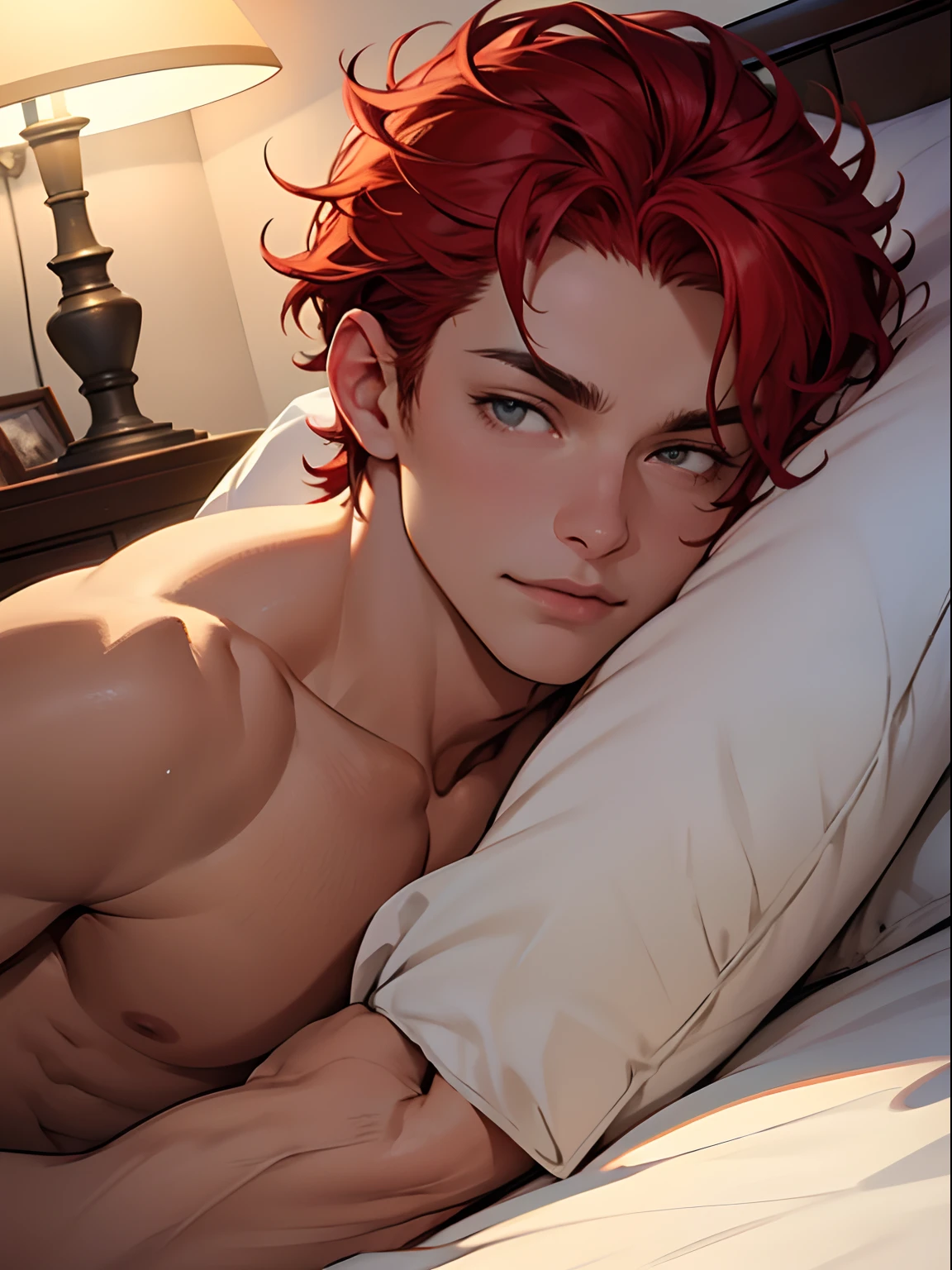 The guy is lying on the bed. Room. Warm light from the lamp. Guy with red hair. Sturdy physique. Messy Short Hair. short curly hair. Vermilion hair. Black Hooded Sweatshirts. Without a T-shirt. Young guy sleeping on the bed. lying on the bed. The guy is lying on the bed, Putting my hand under my head. higly detailed . Focus on the smallest details. hiquality.  naked torso. brawn. The guy is lying on his back. white bed. warm lighting. Beautiful facial features