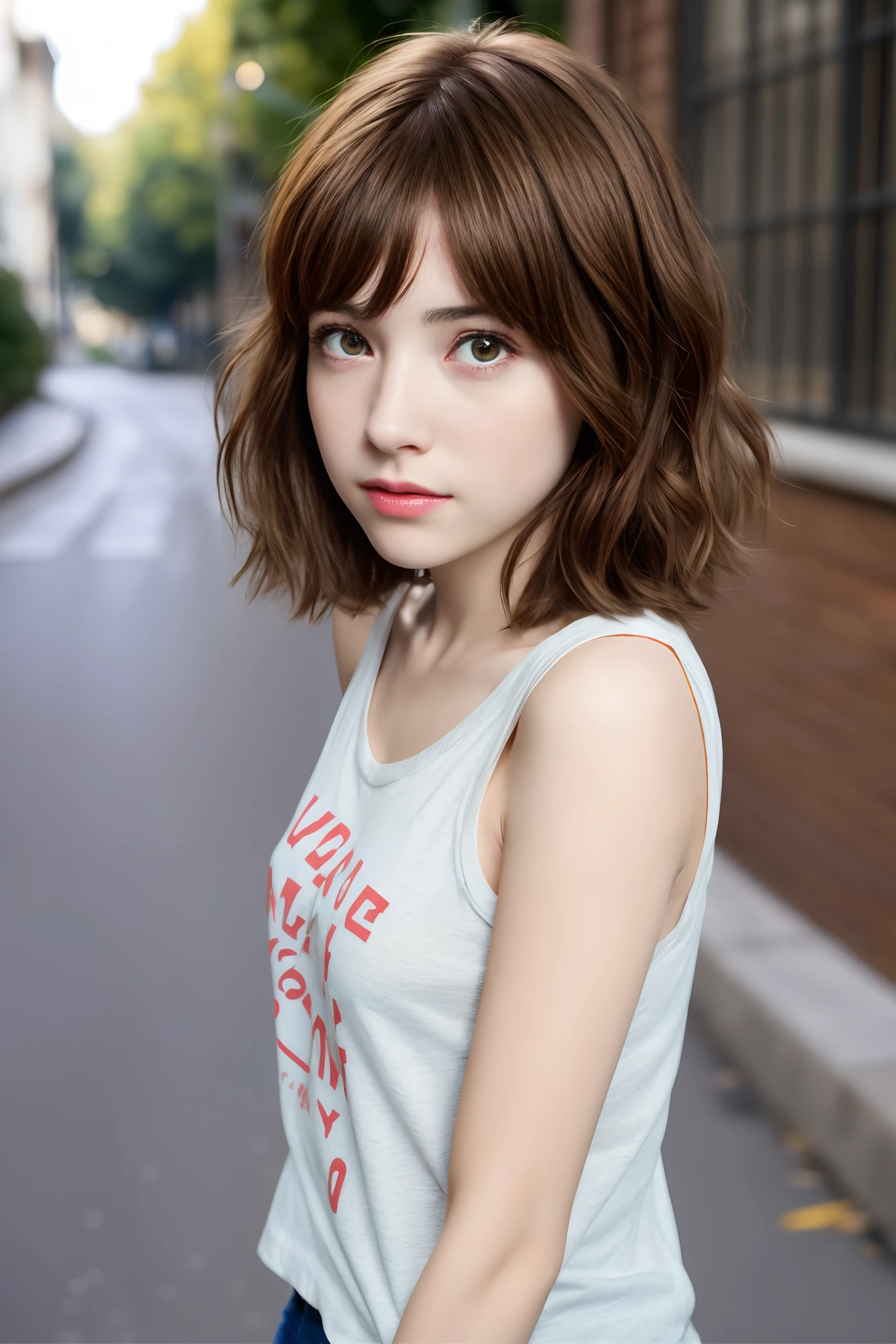 Chica Max Caulfield ,ojos grandes , , brown hair , camiseta, , , corto corto , , ojos expresivos , , ,en el vecindario