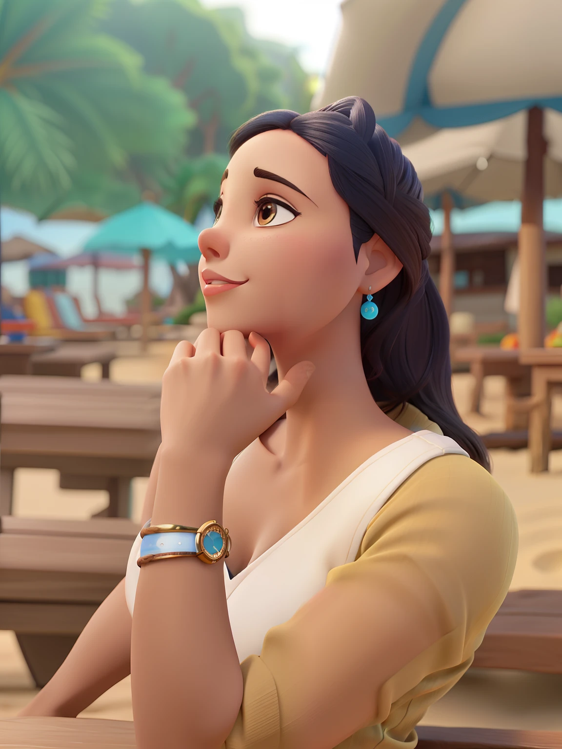 Mulher morena estilo disney pixar com fundo de praia , alta qualidade, melhor qualidade