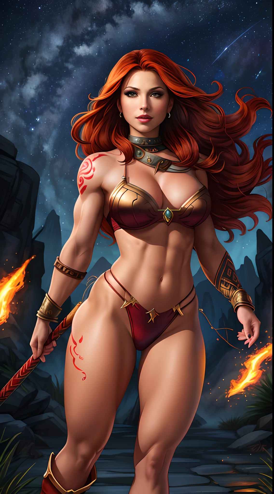 (best quality,highres),realistic,ultra-detailed,full body shot of a very beautiful female barbarian with red hair. The lighting is excellent, highlighting her strong facial features and emphasizing her fierce expression. The background depicts a mesmerizing night sky with scattered stars, giving a sense of mystery and adventure. Lightning strikes illuminate the scene, casting dramatic shadows on her muscular body. She has captivating eyes that pierce through the darkness, and her lips carry an alluring yet fierce smile. Her long red hair flows in the wind, adding a dynamic element to the composition. The female barbarian possesses large breasts and wide hips, symbolizing her powerful physique and connection to nature. Tribal tattoos adorn her arms and legs, representing her warrior heritage and showcasing intricate patterns that tell her story. The colors in the artwork are vivid, with rich hues of red, gold, and dark blue dominating the color palette. The lighting accentuates her defined muscles and creates a contrasting play of light and shadow. Overall, the composition portrays a strong and fearless female character, ready to conquer any challenge that comes her way.