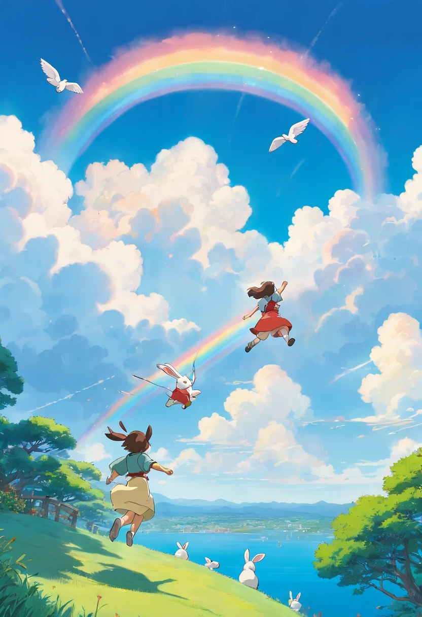 Rabbits flying in the sky,Blue sky in the background,rainbowing,Yamakawa,lakes