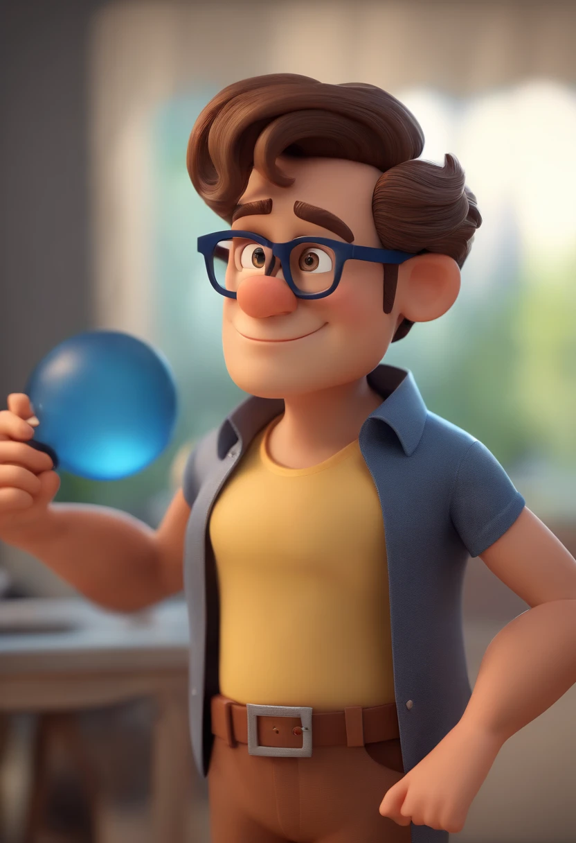 Cartoon character of a man wearing black glasses and a blue shirt, um personagem animado, Caractere estilizado, animation style rendering, 3D estilizado, Arnold Maya render, 3 d render stylized, toon render keyshot, Personagem 3D, Personagem 3D, 3d rendering stylized, 3 d character render, personagem de desenho animado, Personagem de close up, Pose de personagem, (Estilo Pixar) (master part:1.2) (Bokeh) (best quality) (pele detalhada) (textura detalhada) (8k) (argila) (Cinematic lighting) (foco nítido，Senta e vaza a parte superior do corpo