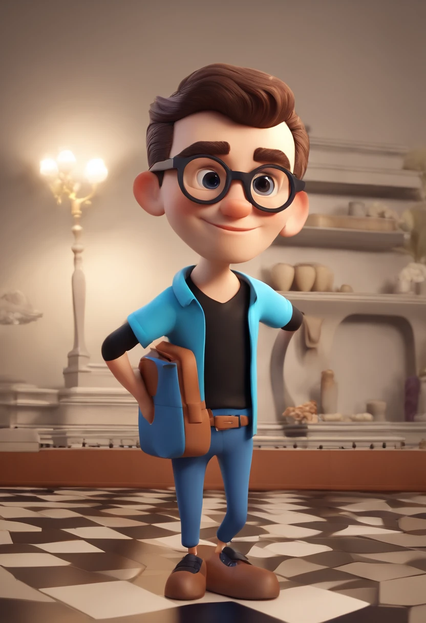 Cartoon character of a man wearing black glasses and a blue shirt, um personagem animado, Caractere estilizado, animation style rendering, 3D estilizado, Arnold Maya render, 3 d render stylized, toon render keyshot, Personagem 3D, Personagem 3D, 3d rendering stylized, 3 d character render, personagem de desenho animado, Personagem de close up, Pose de personagem, (Estilo Pixar) (master part:1.2) (Bokeh) (best quality) (pele detalhada) (textura detalhada) (8k) (argila) (Cinematic lighting) (foco nítido，Senta e vaza a parte superior do corpo