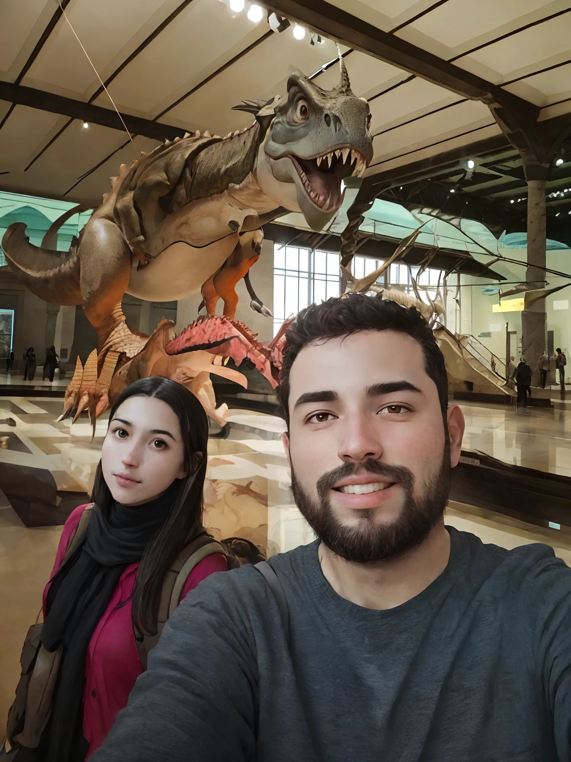Homem e mulher fazendo uma Selfie em frente a um esqueleto de dinossauro, no museu, no museu, Museu Photohot, em um museu, em uma sala de museu, foto de qualidade do museu, Selfie, como em museu, Museu Smithsonian, Beautiful!!!! foto do museu, esqueletos de dinossauros, selfie shot straight on angle, vacation photo