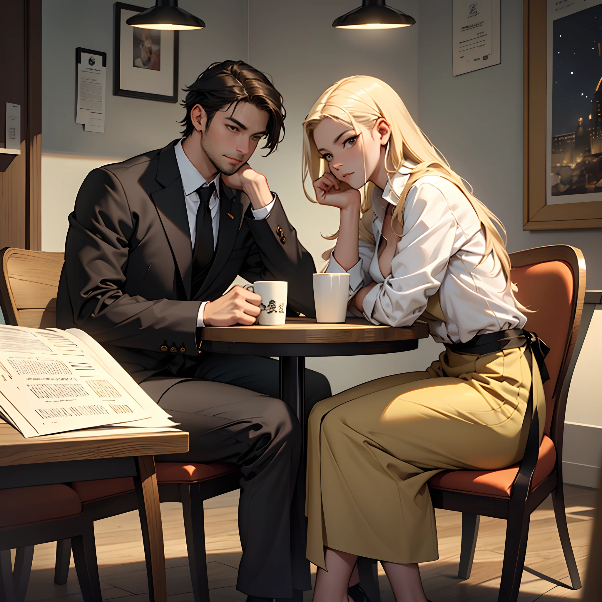 A young handsome business male  33 years old and a young female agent 25 years old sat at a table, Serious discussion, There was a contract and a cups of coffee on the table, Surrounded by comfortable offices, ,in the style of the stars art group xing xing, 32K, Best quality, Masterpiece, Super detail, High details,