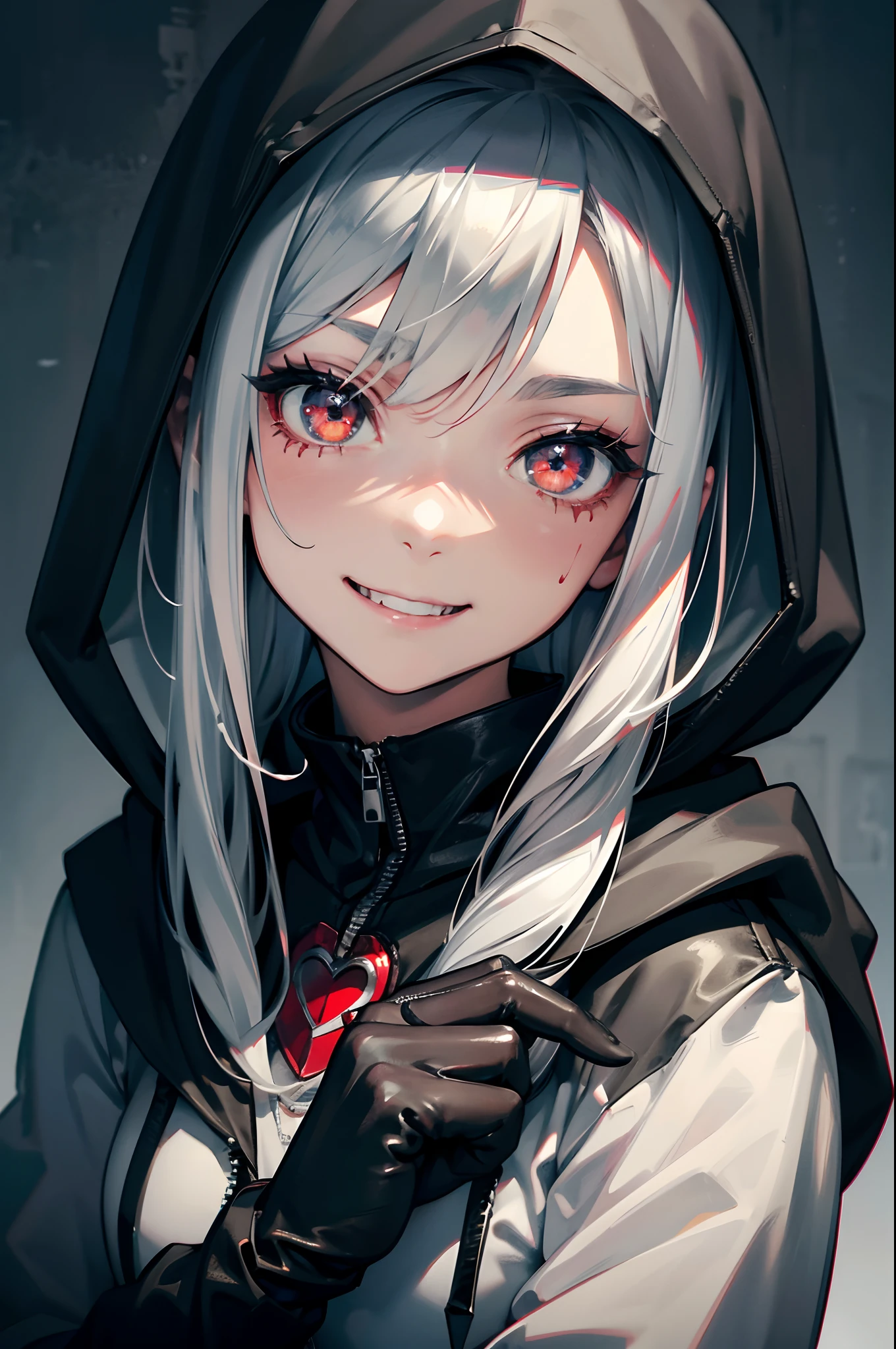 Blood droplets、girl wearing hoodie、Wearing black leather gloves、(Wearing a hood:1.2)、Silver-haired short bob、Angelic uncomfortable smile、Devil's Claw、Mass killings、Killer、Slasher、Psychopaths、extra detailed face、Super detailed illustration、Raw photography、Deviantart Trends。